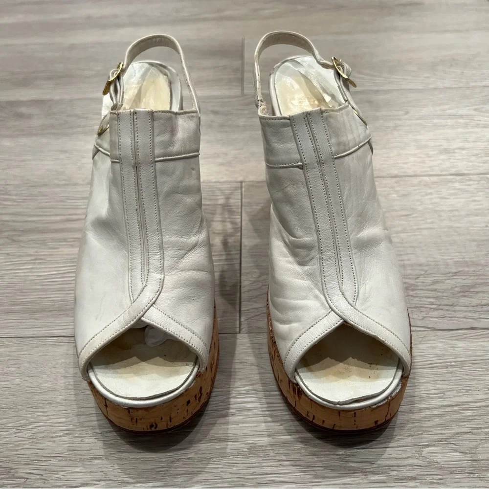 PAVEL Platform Peep-toe Chunky Heels Cork Platform Leather White 6N VINTAGE​